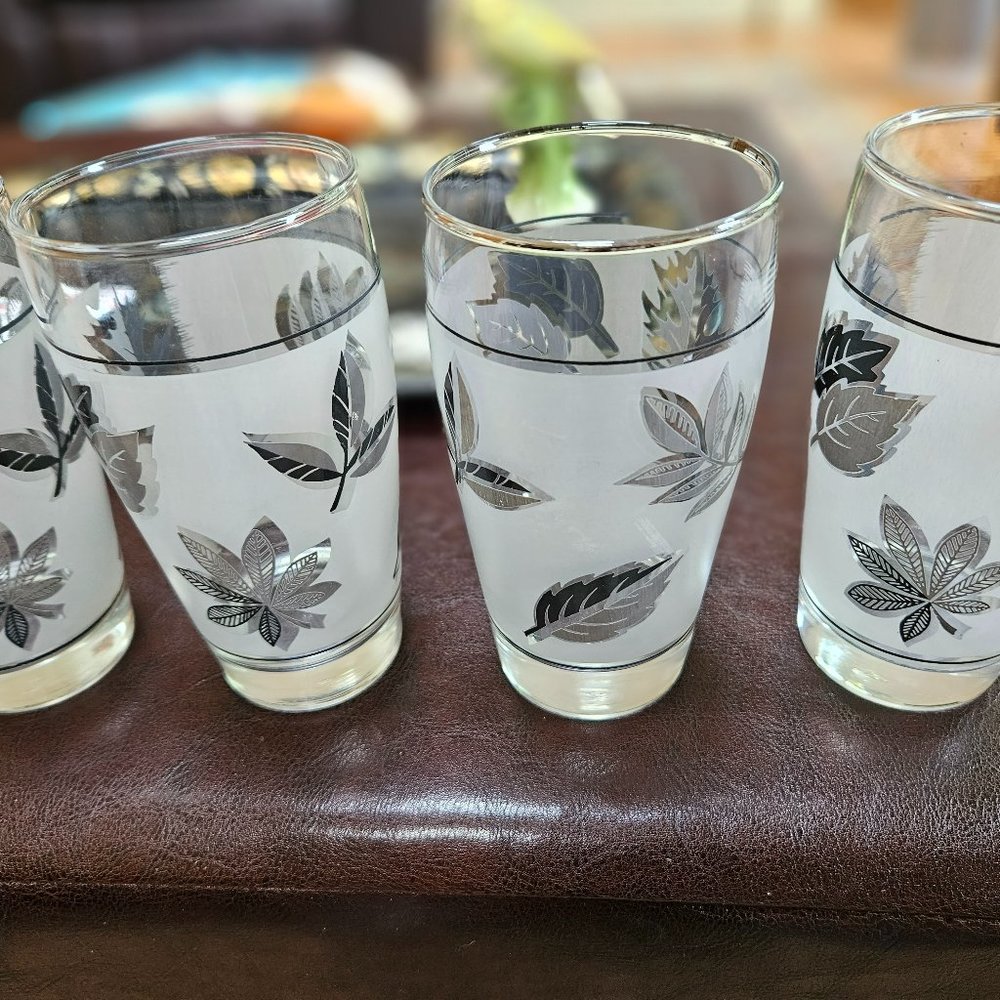 Set of four silver leaf glass tumbler Libbey glass